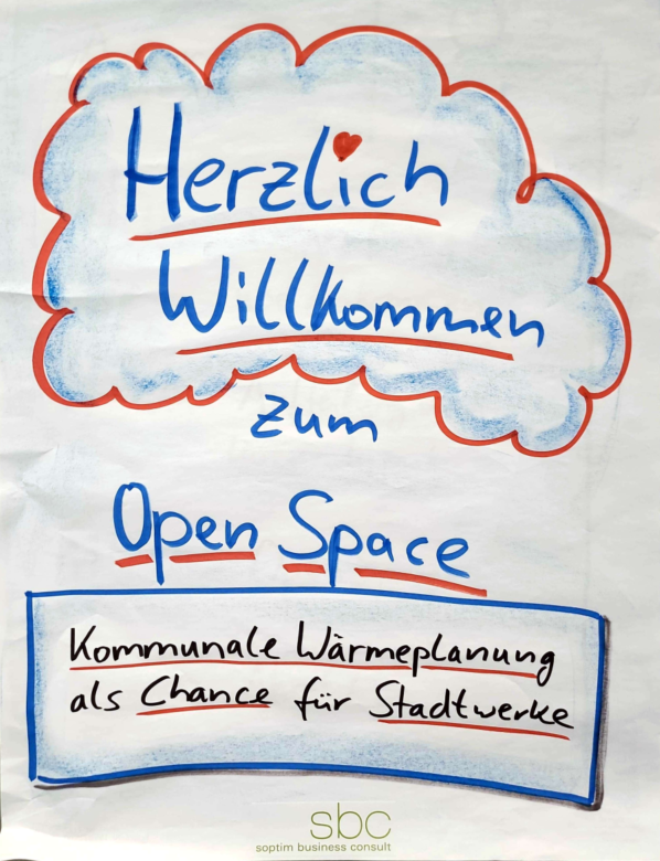 Willkommensplakat zur kommunale Wärmeplanung Session von GWI, Tracemaker und sbc auf dem OpenSpace der E-world 2023
