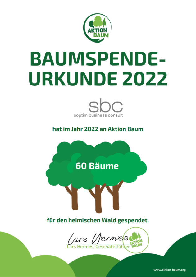 Die Baumspende-Urkunde 2022 der Aktion Baum gGmbH für die sbc über 60 Bäume